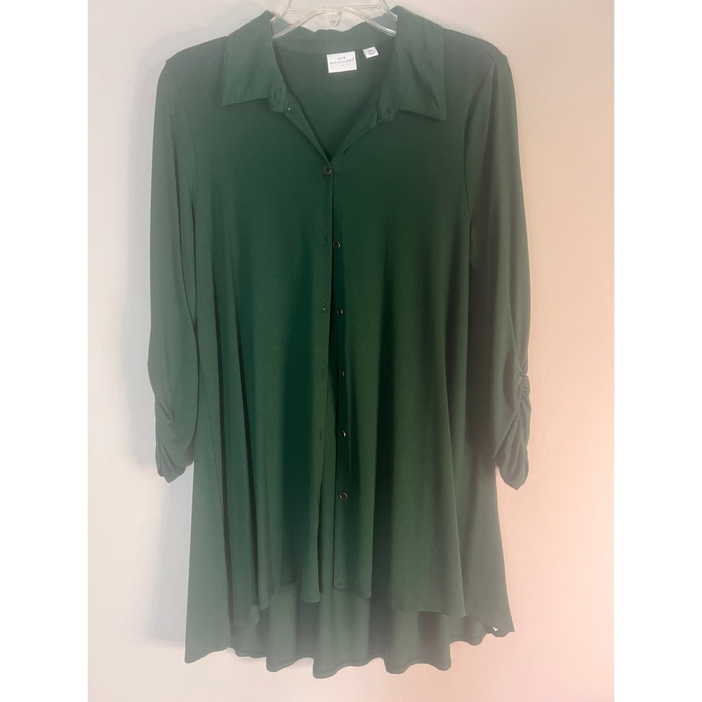 New Directions Womens Forest Green Hi Low Button Down Blouse Cardigan Size M
